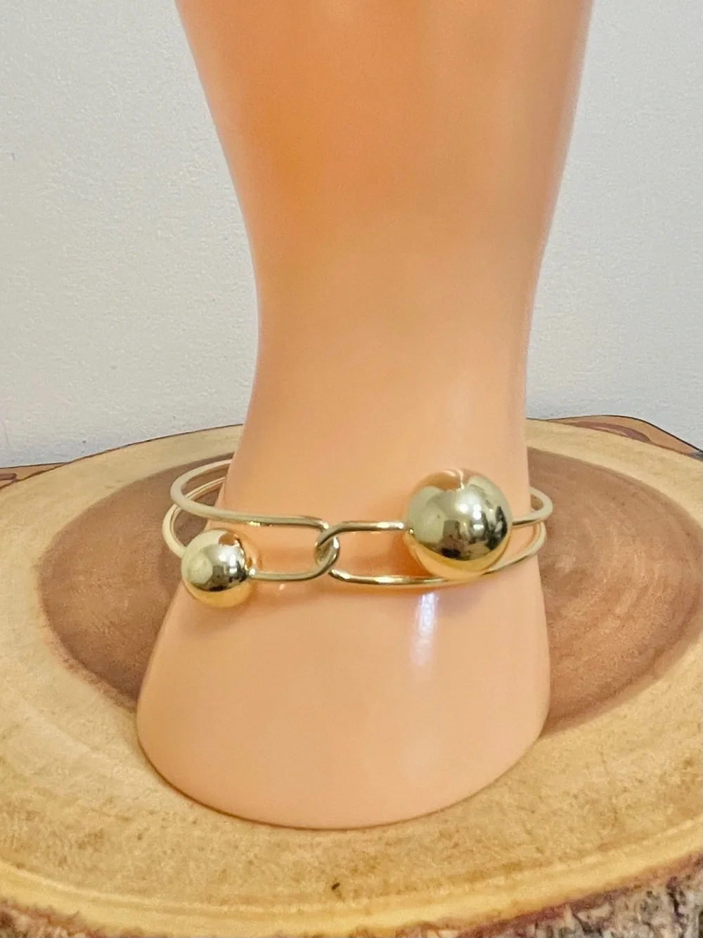 Gold Double Ball Link Open Cuff Bracelet 18K Gold Filled NWOT